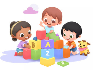 暑假培训教育招生卡通学生儿童白底幼儿园小朋友玩积木元素